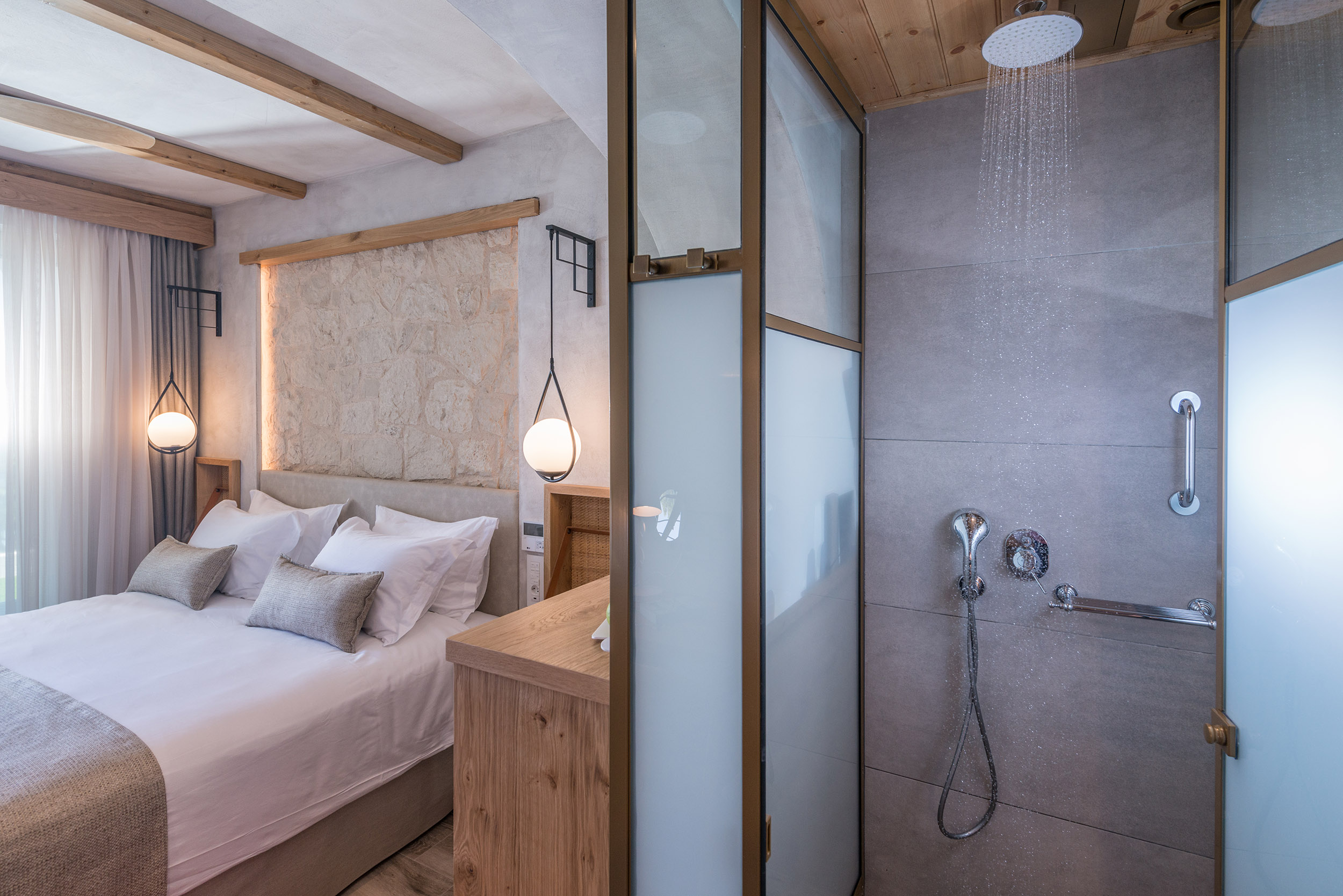 Double room bed and shower