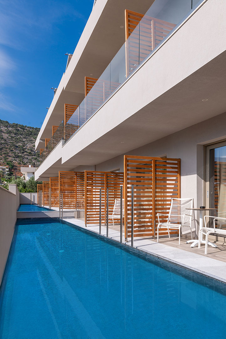 Walled off pool shared across three rooms