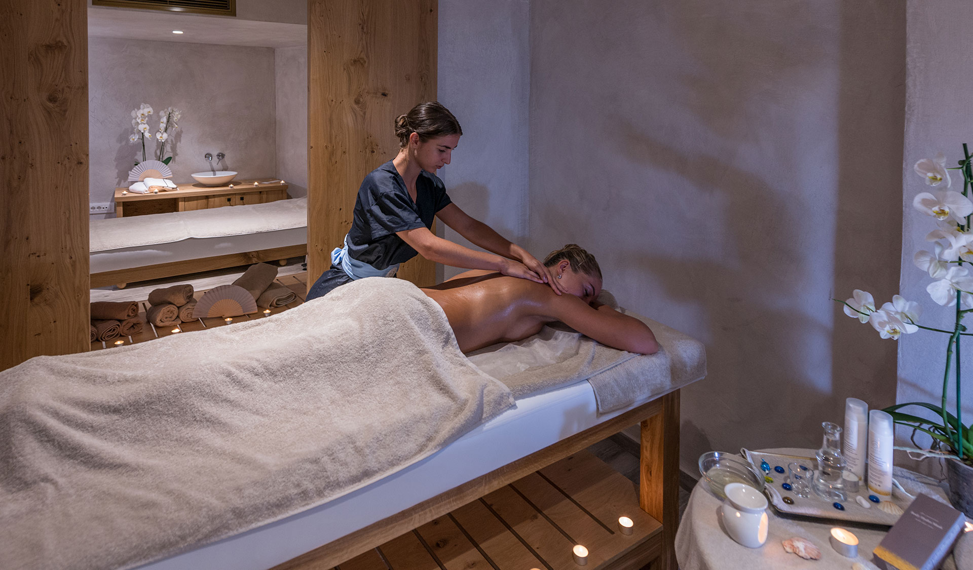 Spa area with two beds from a different perspective